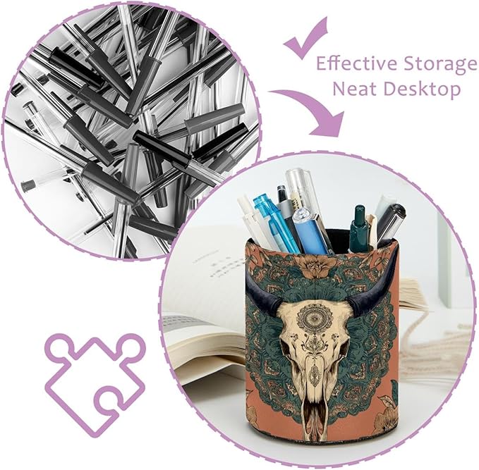 Vintage Western Skull Floral Flower Bones PVC Leather Circular Pencil Holder for Desk Organizer Stationery Holder for Office, School(3.9 x 3.1 Inches)