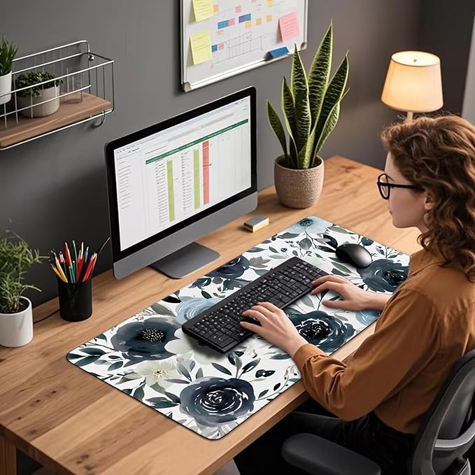Large Gaming Mouse Pad 31.5x15.7 Inch, XXL Mousepad with Non-Slip Rubber Base & Stitched Edges, Extended Desk Mat for Computer/Laptop/Office/Home Navy Blue and White Watercolor Floral