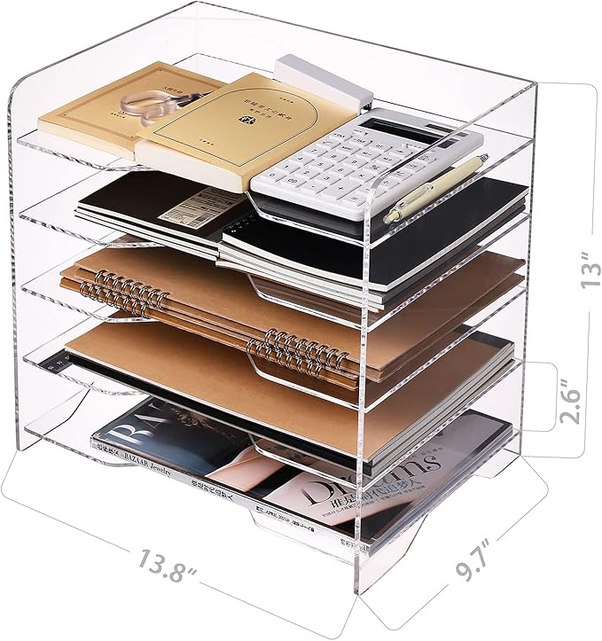 Acrylic Paper Letter Tray Organizer, 5 Tiers, Transparent, Modern, Rectangular, Stackable, Office