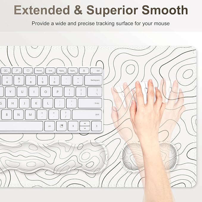 Gaming Mouse Pad Keyboard Wrist Support, 4 in1 Mousepad with Wrist Keyboard Rest, Computer Desk Mat, Non-Slip Desk Pad Protector with Memory Foam Easy Typing Pain Relief I White Topographic