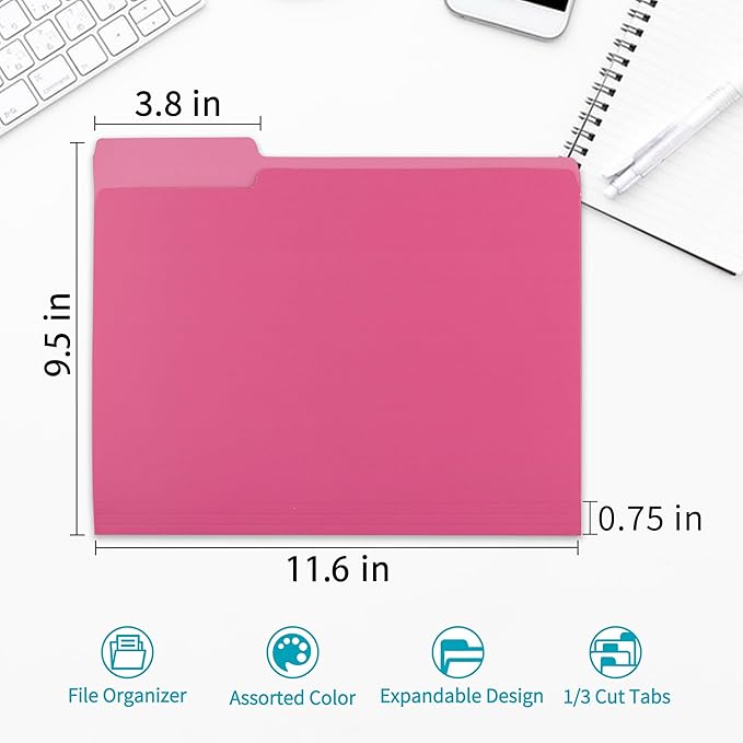 Two Tone Color File Folder 8.5 x 11 Inch,100 Packs Pink File Folders,1/3 Cut Tabs File Folder Letter Size,Manila File Folders for Office,School and Home,Organization