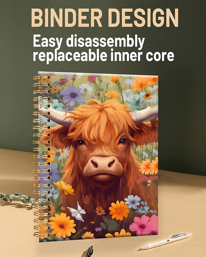 Spiral Journal Notebook for Women,A5 College Ruled Notebooks 6"x 8.4", 120 Pages Lined Journal with Premium Thick Paper,Perfect for School Office Home Gifts(floral cow)