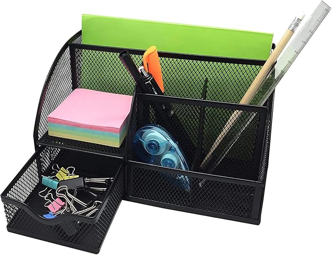 Exerz Desk Organizer Black Office Desk Accessories Supplies Office Storage Desktop Pencil Pen Holder with Drawer Home Workspace