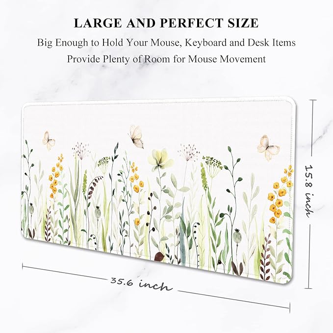 Auhoahsil Desk Pad, XXL Large Mouse Pad, Extended Gaming Mousepad, Cute Desk Mat for Women, Big Office Accessories Mouse Pad for Computer Keyboard and Laptop, 35.6" x 15.7", White Wildflower Butterfly