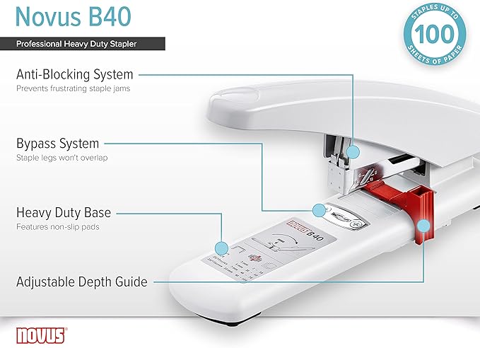 Novus B40 Heavy Duty Stapler, 100 Sheet Capacity, Anti-Jam, 2.25" Stapling Depth w/Adjustable Guide, Staple Bypass, German Engineered (023-0056)