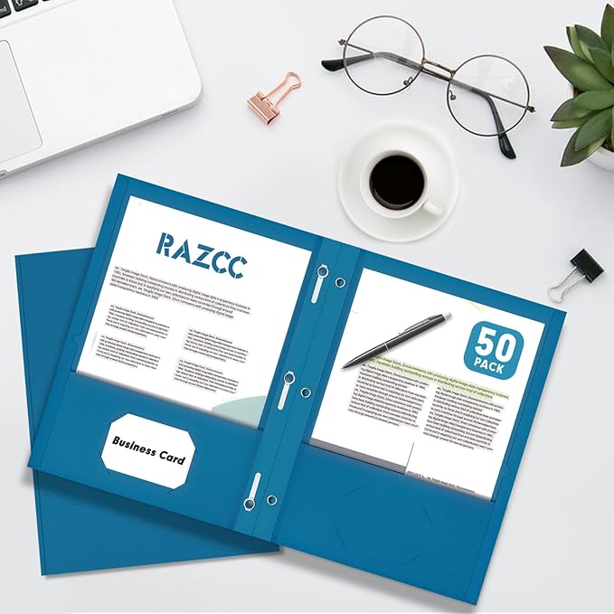 Two Pocket Folders, RAZCC 75 Pack Two Pocket Folders with Prongs, 3 Prong Folders Fit Letter Size Paper, Pocket File Folders for School Office Home Business, Dark Blue