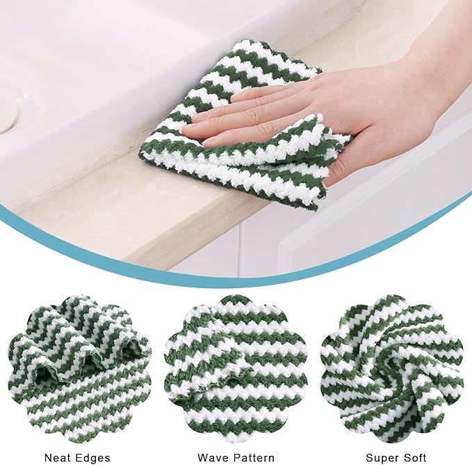Homaxy 24 Pack Kitchen Dish Cloths, Ultra Soft and Absorbent Dish Towels, Reusable Fast Drying Microfiber Cleaning Cloth, Coral Velvet Wave Design No-lint, 10 x 10 inches, Grass Green