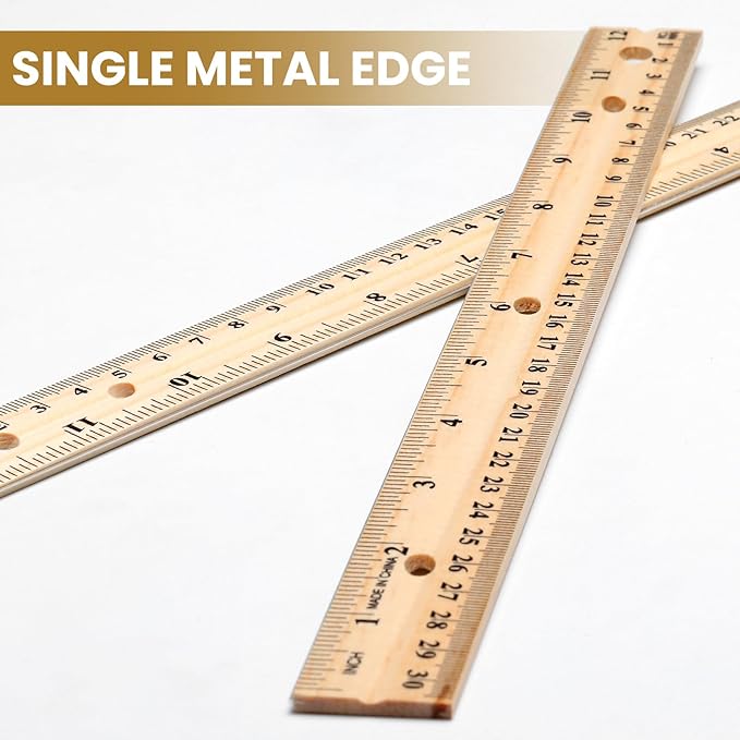 12 Pack Wooden Ruler 12 Inch (30cm) Bulk Wood Measuring Ruler Straight Metal Edge with 4 Holes for School Office Drafting Classroom Supplies, 2 Scale