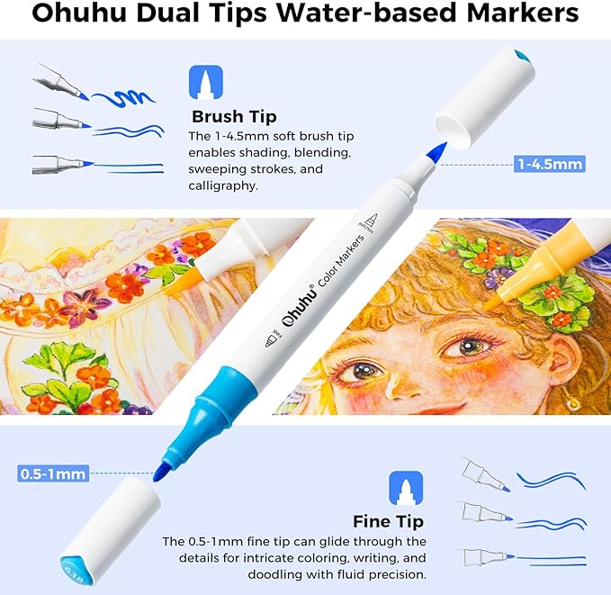Ohuhu Water-based Markers for Adult Coloring Books No Bleeding 64 Colors Dual Tips Coloring Markers for Kids Adults Beginners Drawing Pens for Journaling Lettering (Brush & Fine)