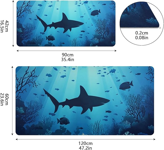Mouse Pad Desk Mat Leather Desk Pad Large Gaming Desk Cover Protector Mat for Keyboard Computer Laptop Office Waterproof 35.4 x 16.5 Inch Sharks Coral Reef Tropical Blue