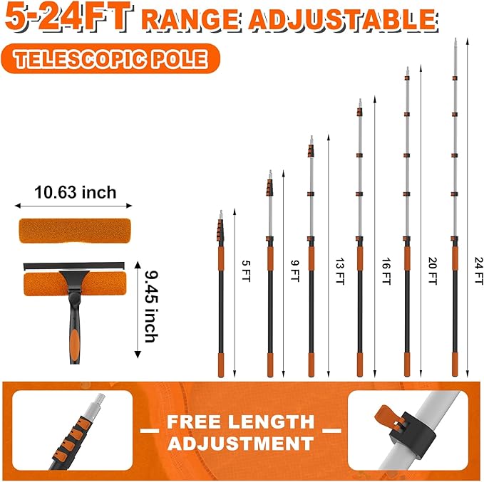 SISUPASSIE 30FT Reach Window Squeegee with Extension Pole, 2-in-1 Professional Window Washing Kit for Home, Indoor Outdoor Squeegee with Rotatable Head for High Windows