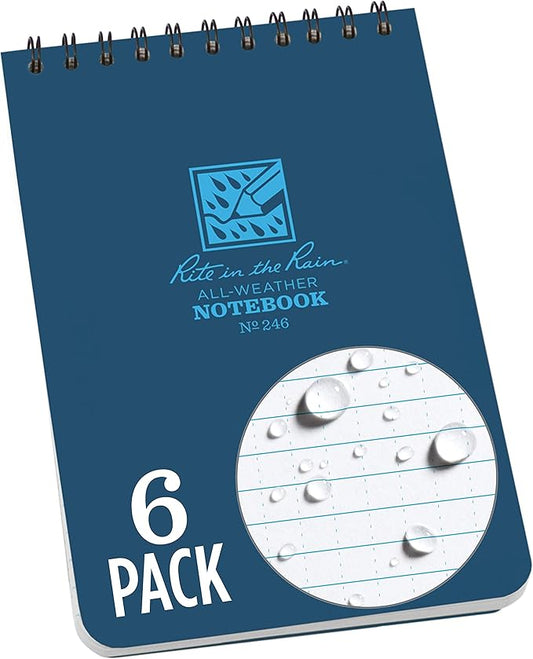 Rite in the Rain Weatherproof Top Spiral Notebook, 4" x 6", Blue Cover, Universal Pattern, 6 Pack (No. 246L6)