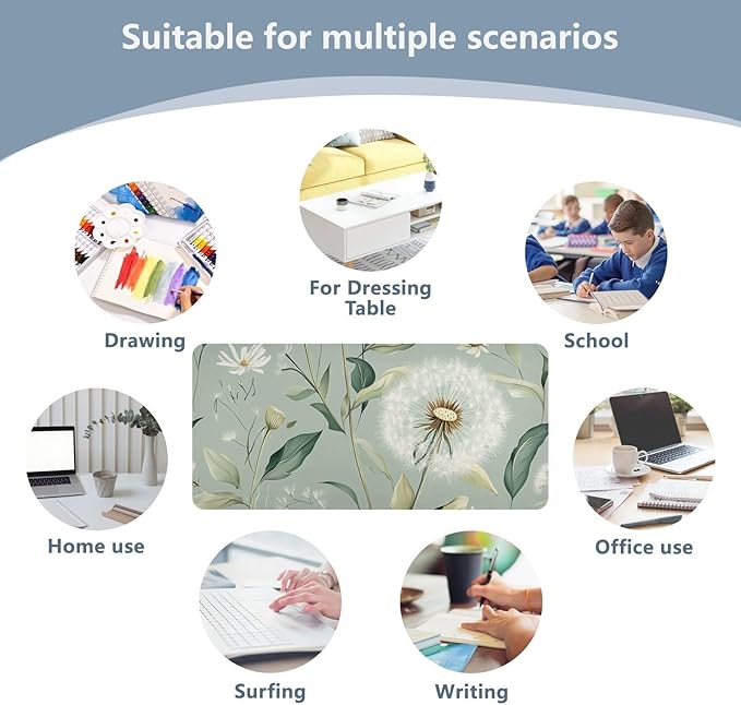 Mouse Pad Desk Mat Leather Desk Pad Large Gaming Desk Cover Protector Mat for Keyboard Computer Laptop Office Waterproof 47.2 x 23.6 Inch Sage Green Dandelion