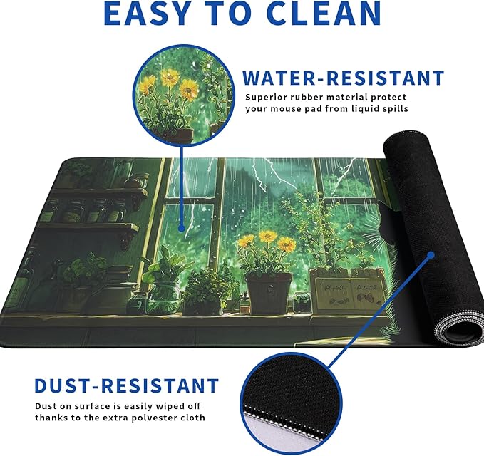 Green Black Cat Mouse Pad Abstract Green Mouse Pad 31.5x11.8 Inch Cat Texture Non-Slip Rubber Base Large Mousepad Stitched Edges Keyboard Mouse Mat Desk Pad for Office and Home