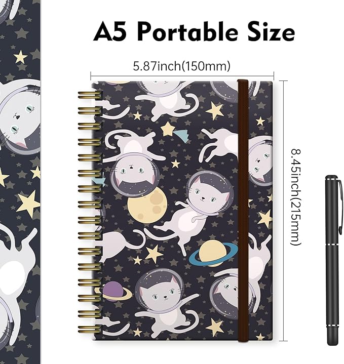 Spiral Journal Notebook,Strong TwinWire Binding with Premium Paper for Girl Women,Cool Funny 120 Pages,100gsm A5 College Ruled NotebookJournal,Perfect for Gifts Nurse Teacher Women(Cute Cat Star)