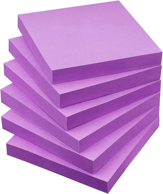 Sticky Notes 3x3 Self-Stick Notes Pads with 6 Bright Colors, Easy to Post for Office, School, Home, 6 Pads/Pack, 100 Sheets/Pad (Purple)