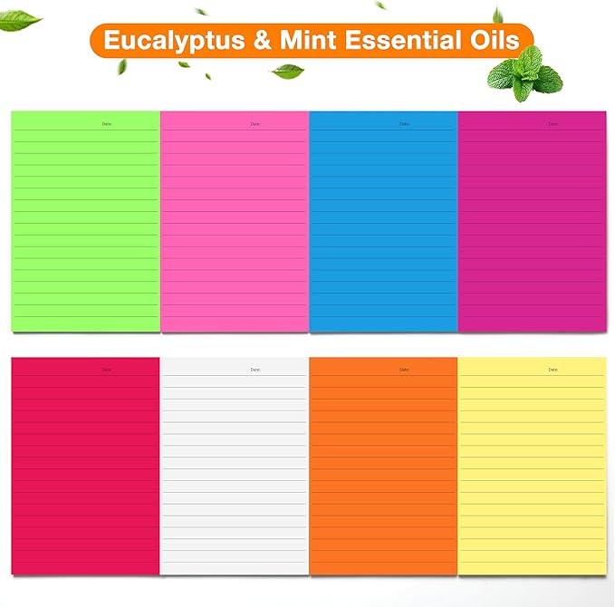 8 Pack Lined Sticky Notes 4x6 in Ruled Stickies Super Sticking Power Memo Pads Bright Colors, 240 Sheets Strong Adhesive Lined Sticky Notes, Eucalyptus & Mint Scented Post it Notes- Teacher Supplies