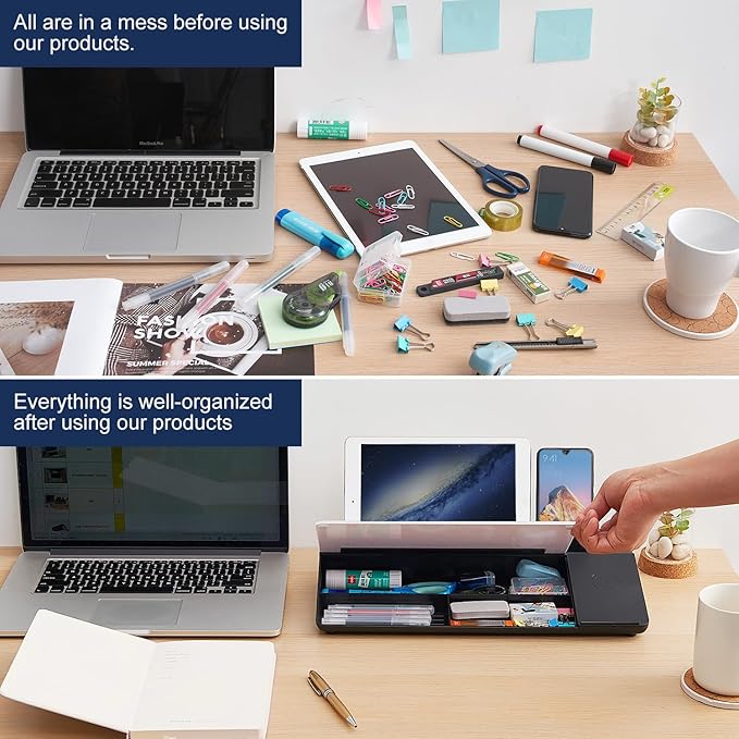 Small Glass Desktop Whiteboard Dry-Erase-Board - Computer Keyboard Stand with Wireless Charger White Board Surface Pad with Drawer, Desk Organizers with Accessories for Office, Home, School Supplies