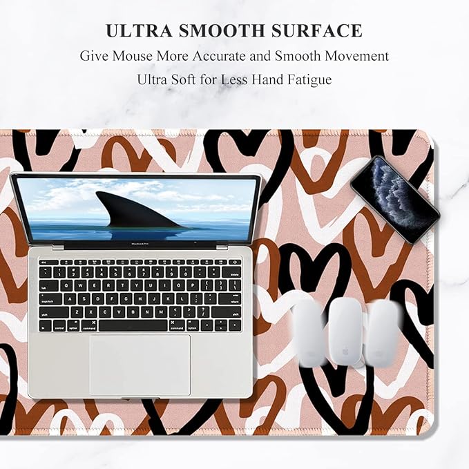 Auhoahsil Large Mouse Pad, XXL Desk Pad, Extened 35" x 15", Non-Slip Rubber Base, Stitched Edges, Superior Surface, Waterproof Keyboard Mat, Large Mousepad for Gamer, Office & Home, Brown Heart