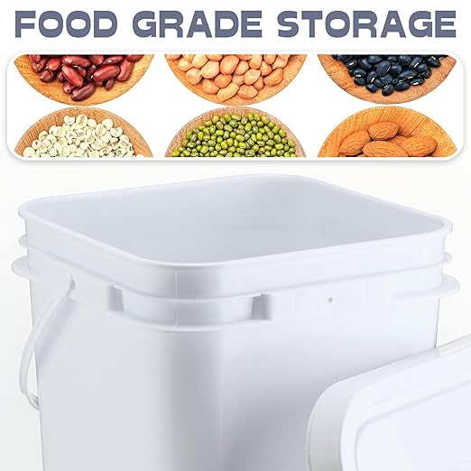 Vesici 6 Pcs 5 Gallon Food Grade Square Buckets with Lids 5 Gal Plastic Food Storage Square Bucket Heavy Duty Industrial Pail Container with DIY Label Stickers Handles for Water Painting(White)
