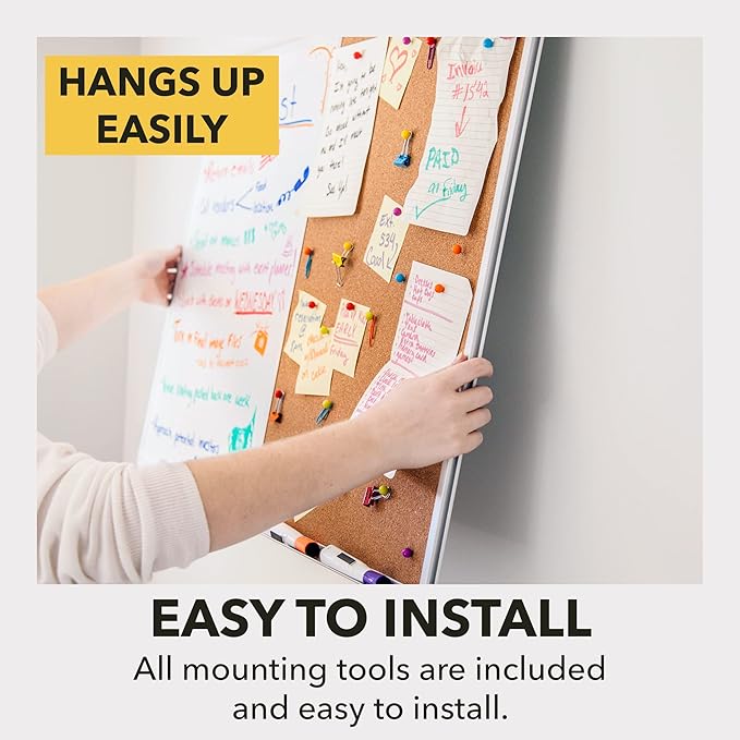 24" x 36" Cork Board and Dry Erase Board Combo - Vision Board 2025 - Magnetic White Board Corkboard Memo Bulletin Boards - Great for Office Wall w/Markers, Eraser, Magnets, Tacks