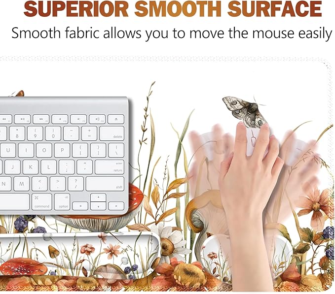 ARTSO Large Gaming Mouse Pad, Keyboard Wrist Rest Pad & Wrist Support Mousepad Set, Stitched Edge, Extended, Non-Slip Base, Memory Foam Desk Mat for Office, Home, Mushroom Plants