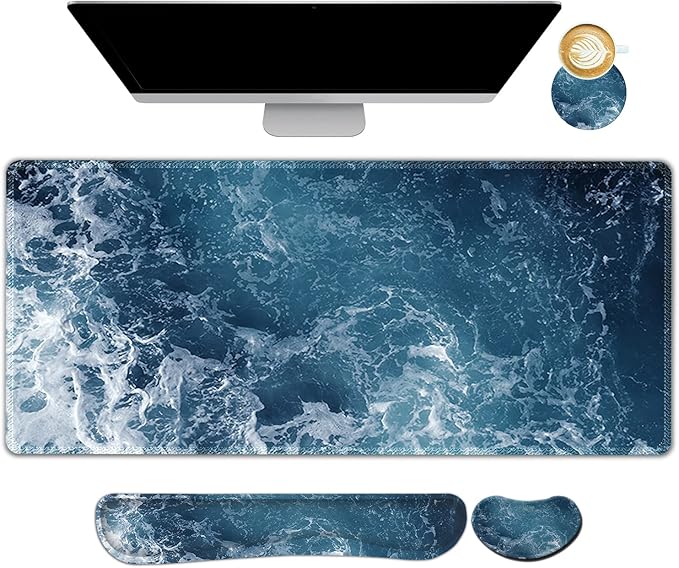 ARTSO Gaming Mouse Pad Extended, Keyboard Wrist Rest Pad & Wrist Support Abstract Mousepad Set, Non-Slip Base, Memory Foam Desk Mat, Ocean Waves