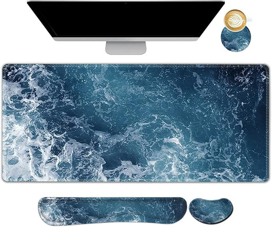 ARTSO Gaming Mouse Pad Extended, Keyboard Wrist Rest Pad & Wrist Support Abstract Mousepad Set, Non-Slip Base, Memory Foam Desk Mat, Ocean Waves