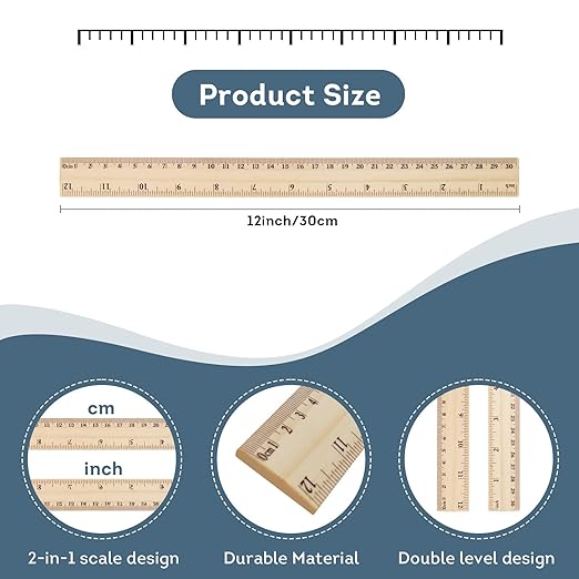 60 Pack Rulers Bulk for Classroom, Wooden Rulers 12 Inch, Wood Measuring Tools for Students and Teachers, 2 Scale Office and School Supplies