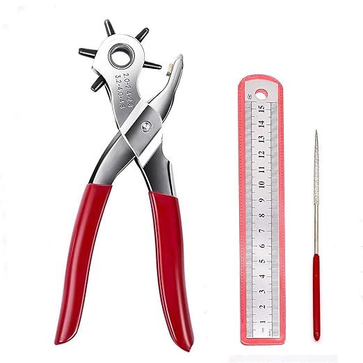 Adorox Heavy Duty Belt Hole Puncher for Leather – 6 Size Revolving Leather Hole Punch Tool with Ruler & Deburring File, Perfect for Belts, Straps, DIY Leathercraft, and Repair