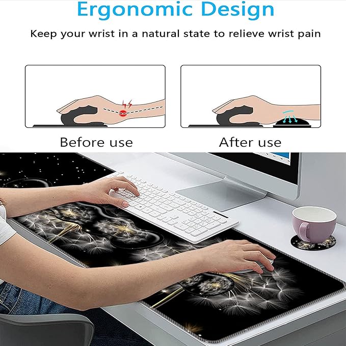 Keyboard Mouse Pad Set,Large Mouse Pad+Keyboard Wrist Rest+Wrist Support+Coaster,31.5x11.8in Extended Desk Mat for Computer Laptop Office Home-Dandelion