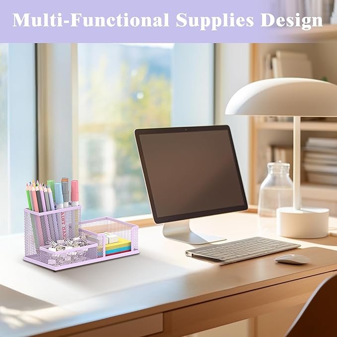 SUPEASY Mesh Pen Holder Desk Organizer, Office Supplies Pencil Storage with 3 Compartments, Office Desk Accessories and Workspace Organizers for Home School, Purple