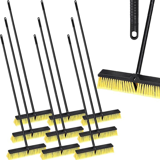 Zhehao 10 Pack 18 Inches Push Broom Outdoor, Multi Surface Garden Brush Broom with Adjustable 63" Long Handle for Deck, Driveway, Patio, Warehouse, Garage, Yard, Concrete Floor Cleaning (Yellow)
