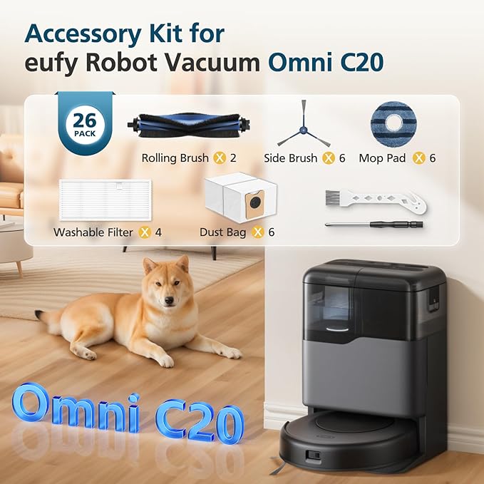 𝗢𝗺𝗻𝗶 𝗖𝟮𝟬 Accessory Kit for eufy Omni C20 Robot Vacuum, 𝟐𝟔 𝗣𝗔𝗖𝗞 Replacement Parts Include: 2* Main Rolling Brush, 4* Washable Filter, 6* Side Brush, 6* Dust Bag, 6* Mop Pad, 2 Tools