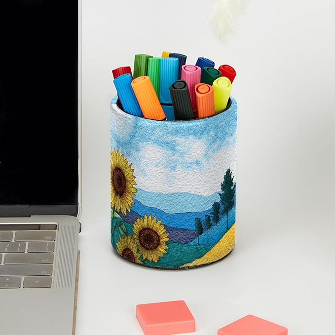 Watercolor Art Sunflower Circular Pen Holder, Pen Cup Makeup Brush Holder, Design for School, Home and Stationary Supplies (3.9 x 3.1 Inches)