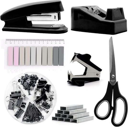 sportsvoutdoors Black Desk Accessories, Black Office Supplies, Stapler and Tape Dispenser Set, Black Desk Accessory Kit, Gift for Students, Women, Coworkers, Boss Lady, Office Clerks