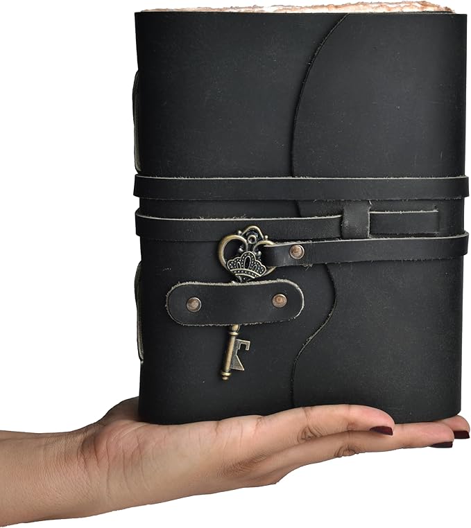 LEATHER VILLAGE Vintage Leather Journal – 200 Handmade Vintage Deckle Edge Paper – Leather bound Journal For Women Men – Vintage Key Closure - Book of Shadows - Black - 8X6 inches (A5)