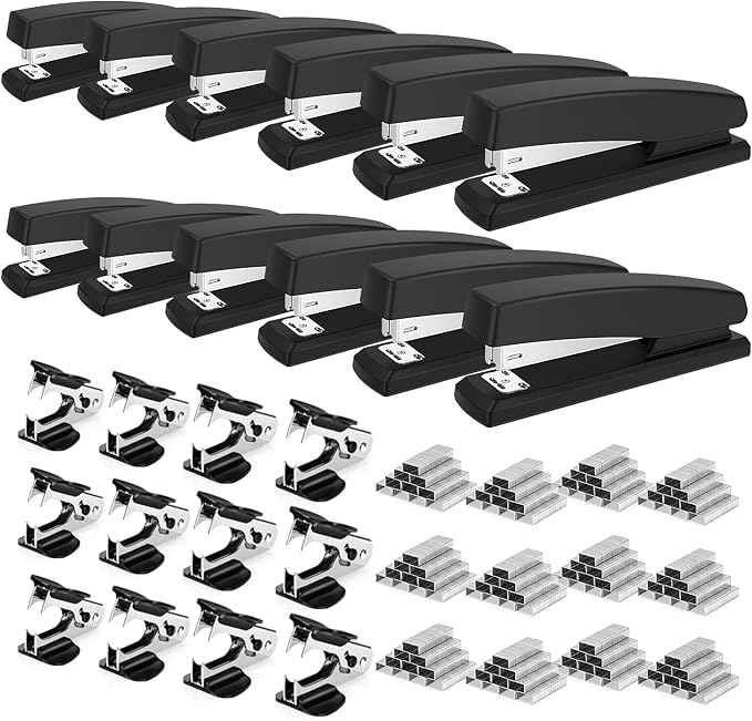 Deli Stapler, 12 Pack Staplers with 12000 Staples and 12 Staple Removers, Staplers for Desk, 25 Sheet Capacity, Black