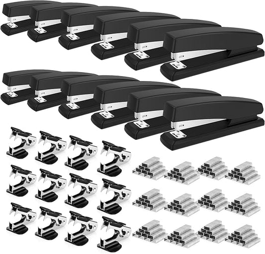 Deli Stapler, 12 Pack Staplers with 12000 Staples and 12 Staple Removers, Staplers for Desk, 25 Sheet Capacity, Black