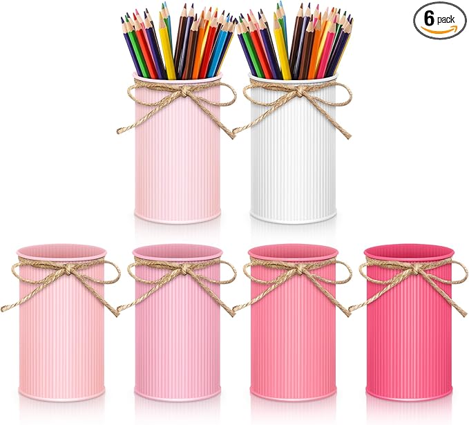 Domensi 6 Pcs Pink Pen Holder Cup for Desk Pencil Holder Marker Pen Metal Organizer Wedding Table Centerpiece Small Galvanized Metal Tin Vases for Artificial Flowers Office Stationery Storage