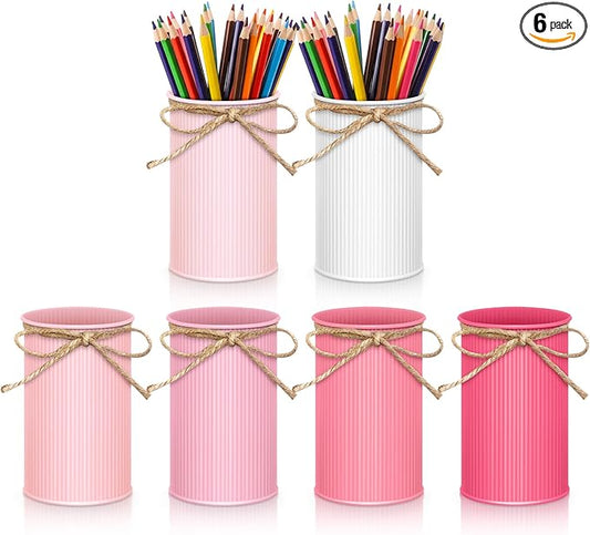 Domensi 6 Pcs Pink Pen Holder Cup for Desk Pencil Holder Marker Pen Metal Organizer Wedding Table Centerpiece Small Galvanized Metal Tin Vases for Artificial Flowers Office Stationery Storage