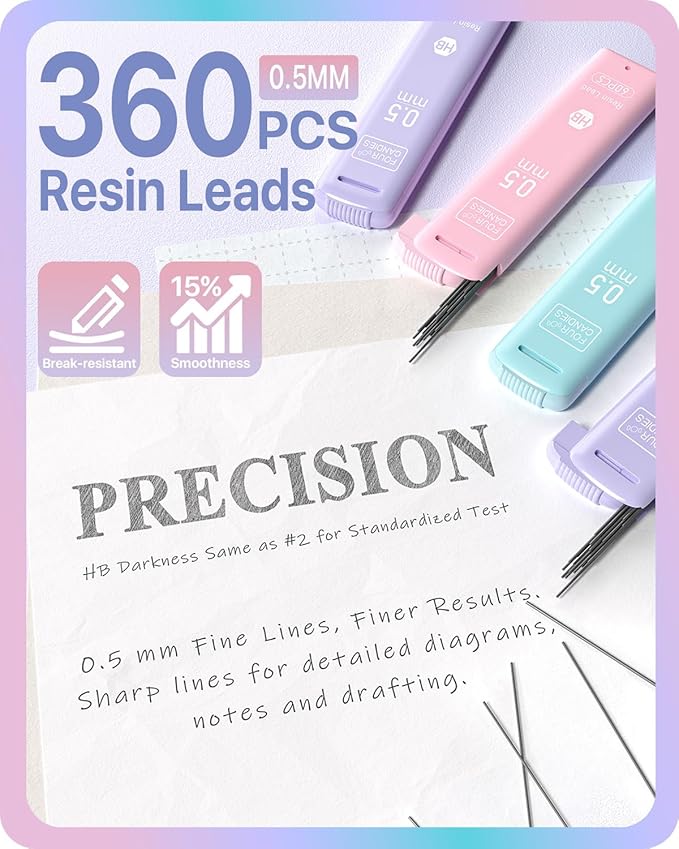 Four Candies Cute Mechanical Pencils 0.5 mm, Pencil Set with 360PCS Lead Refills & Pastel Erasers, School Supplies with Case