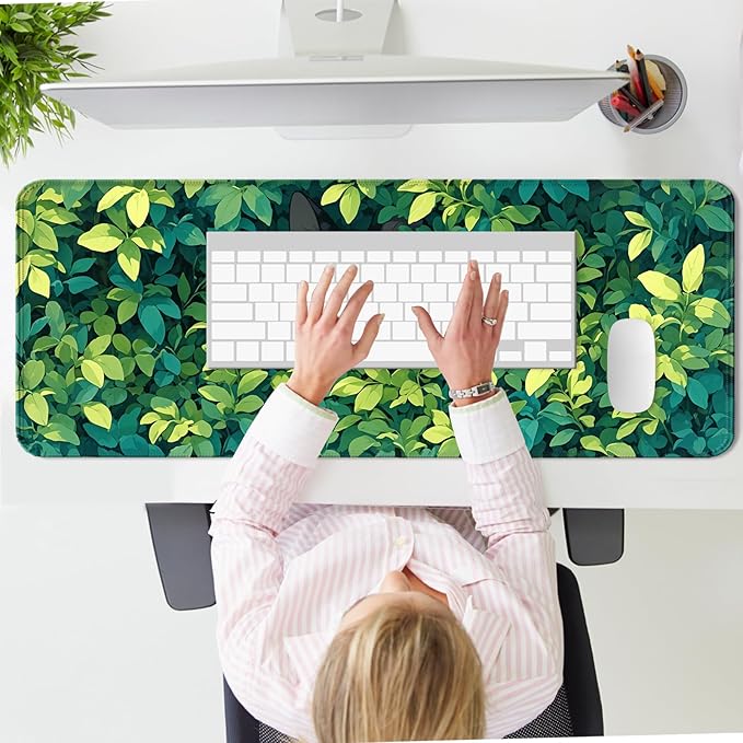 Anime Cute Cat Desk Mat, Watercolor Pretty Green Leaves Extended Large Gaming Mouse Pad, Computer Keyboard Laptop Mousepad for Work, Game, Office and Home, XL