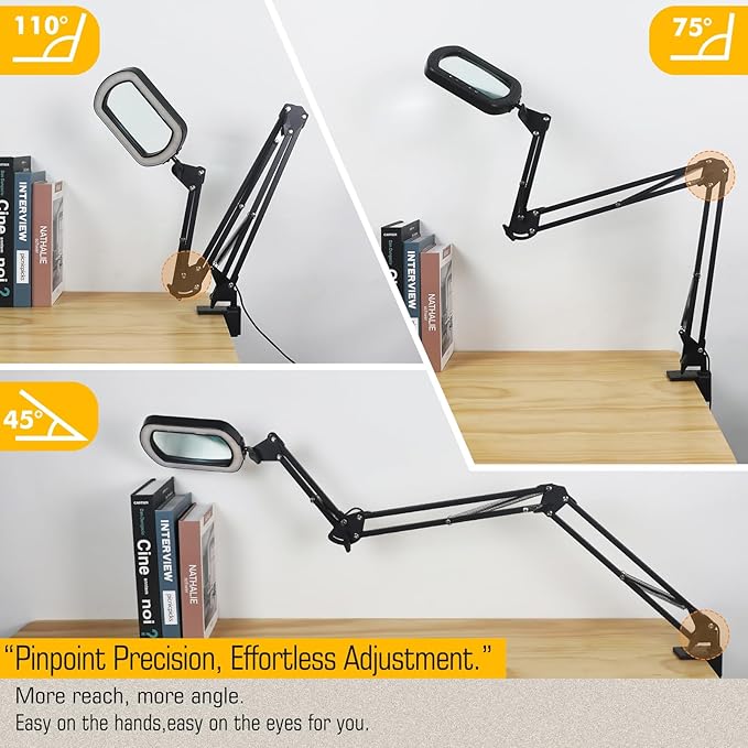 Magnifying Glass with Light Square Magnifier Desk Lamp 10X Close Up Work for Desktop Bench Crafting, Reading, Sewing, Ultra Long Swing Arm 3-Section, 5 Color Modes Design Rectangle Head Controller