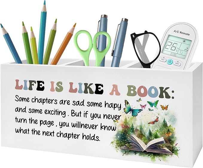 Inspirational Pencil Pen Holder for Desk, Life Is Like A Book Wooden Pencil Holder Organizer for Home Office Library Desk Accessories, Encouragement Gifts for Women