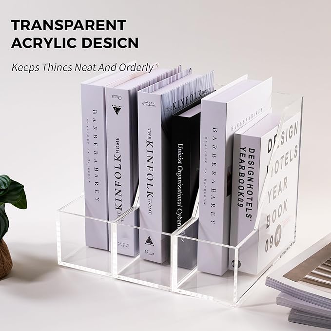 Magazine Holder - Acrylic File Holder and Desk Organizer, Clear Bookend File Sorter, Acrylic Book Organizer and Storage Box for Documents, Magazine Holder Rack for Classroom, Home, and Office