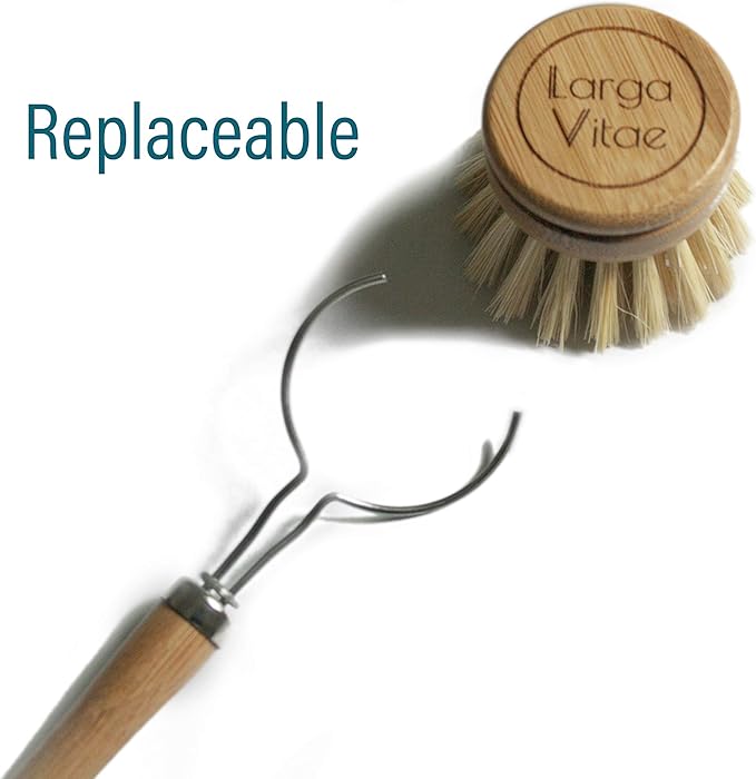 Larga Vitae 6 pcs Wooden Dish Brush Replacement Heads Made of Renewable Bamboo Wood and Natural Bristle Fiber, Durable, Long Lasting (Tampico Fiber)