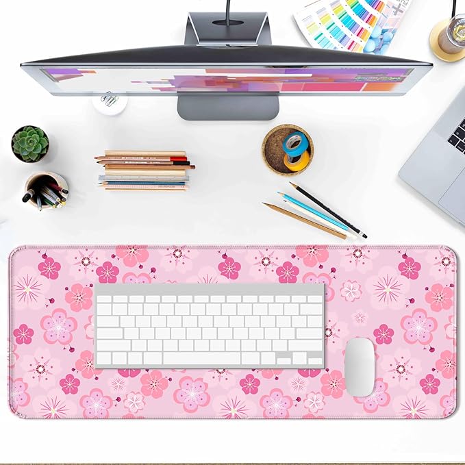 Japanese Pink Cherry Blossoms Gaming Desk Mat, Extended Large Minimalist Plant Aesthetic Mouse Pad, Computer Keyboard Laptop Mousepad for Work, Office and Home, XL