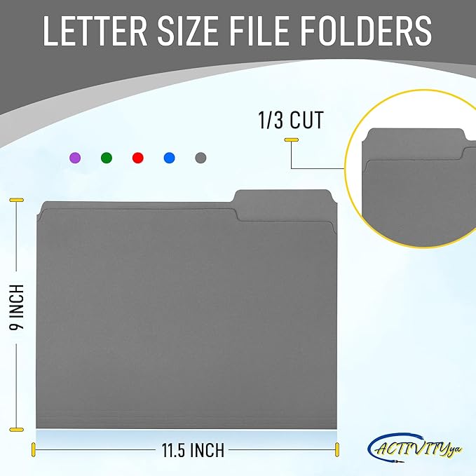 Grey File Folders, 1/3-Cut Tabs, Letter Size, 12-Pack – Durable Office Filing Folders for Documents, Papers, and Organization