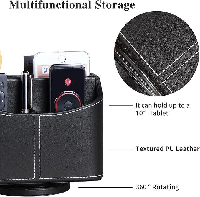 YAPISHI Leather Remote Control Holder, 360 Degree Spinning Desk TV Remote Caddy/Box,Bedside Table Organizer for Controller, Media, Mail, Calculator, Mobile Phone and Pen Storage